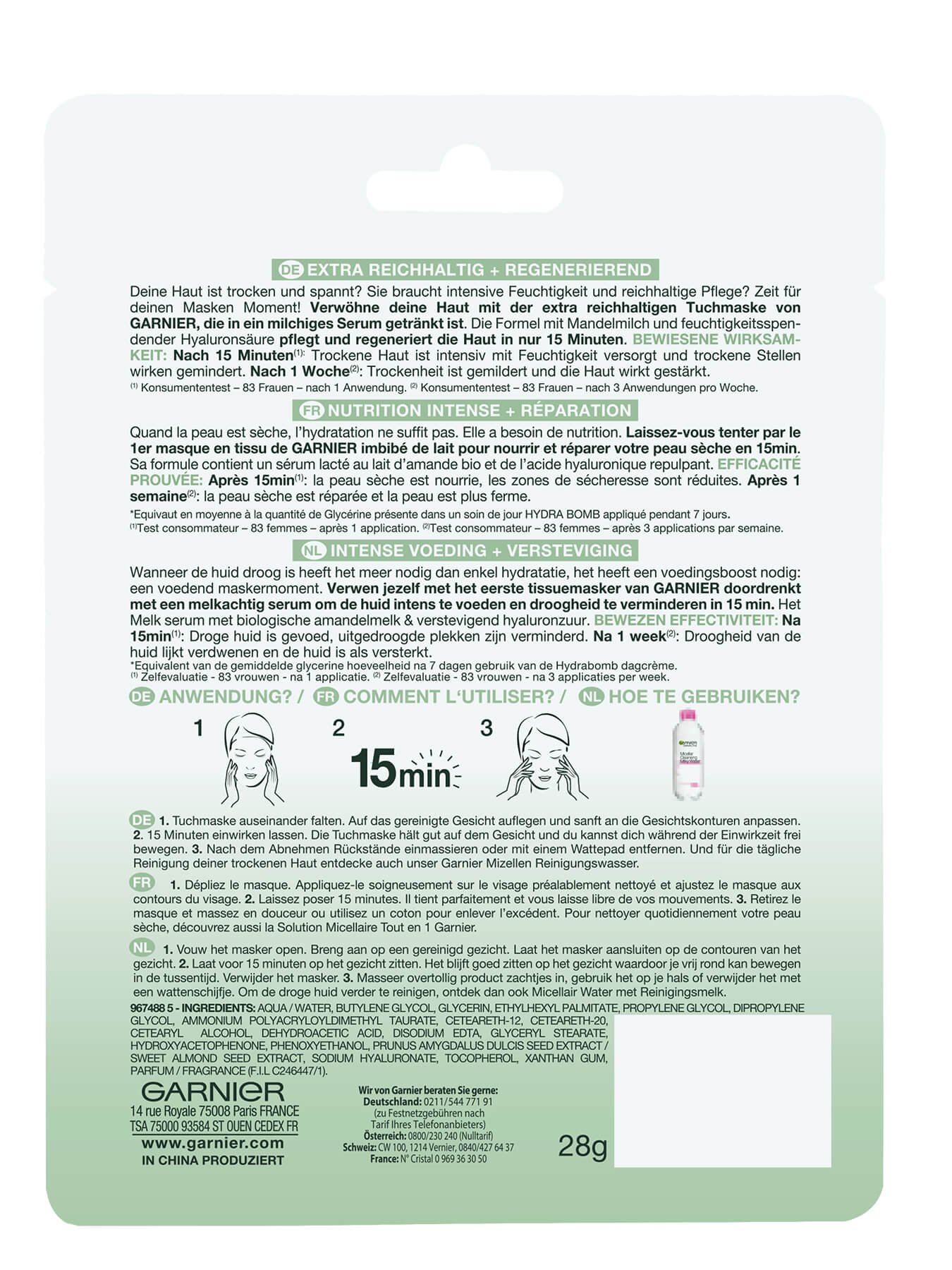 Achterkant verpakking Nutribomb Amandel Sheet Mask